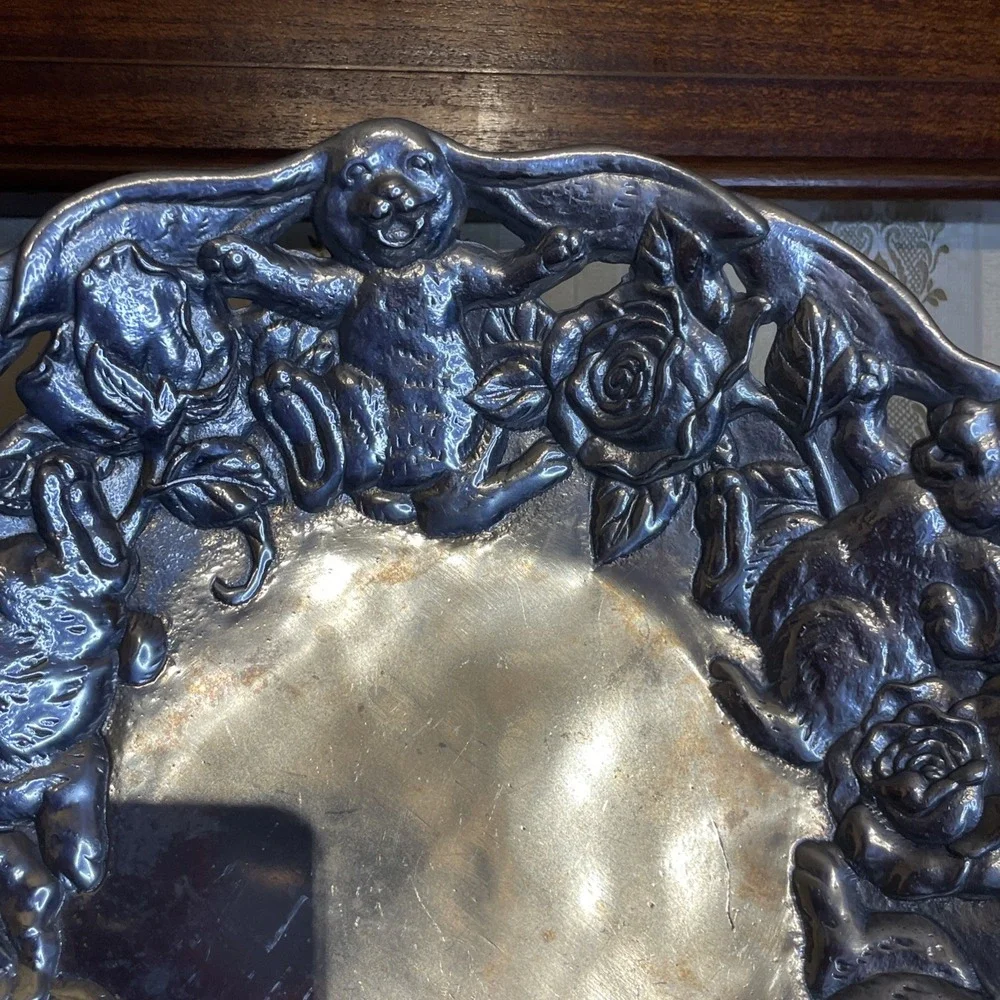 Vintage Arthur Court 1995 Metal Cast Aluminum Rabbit Rose Platter Bowl